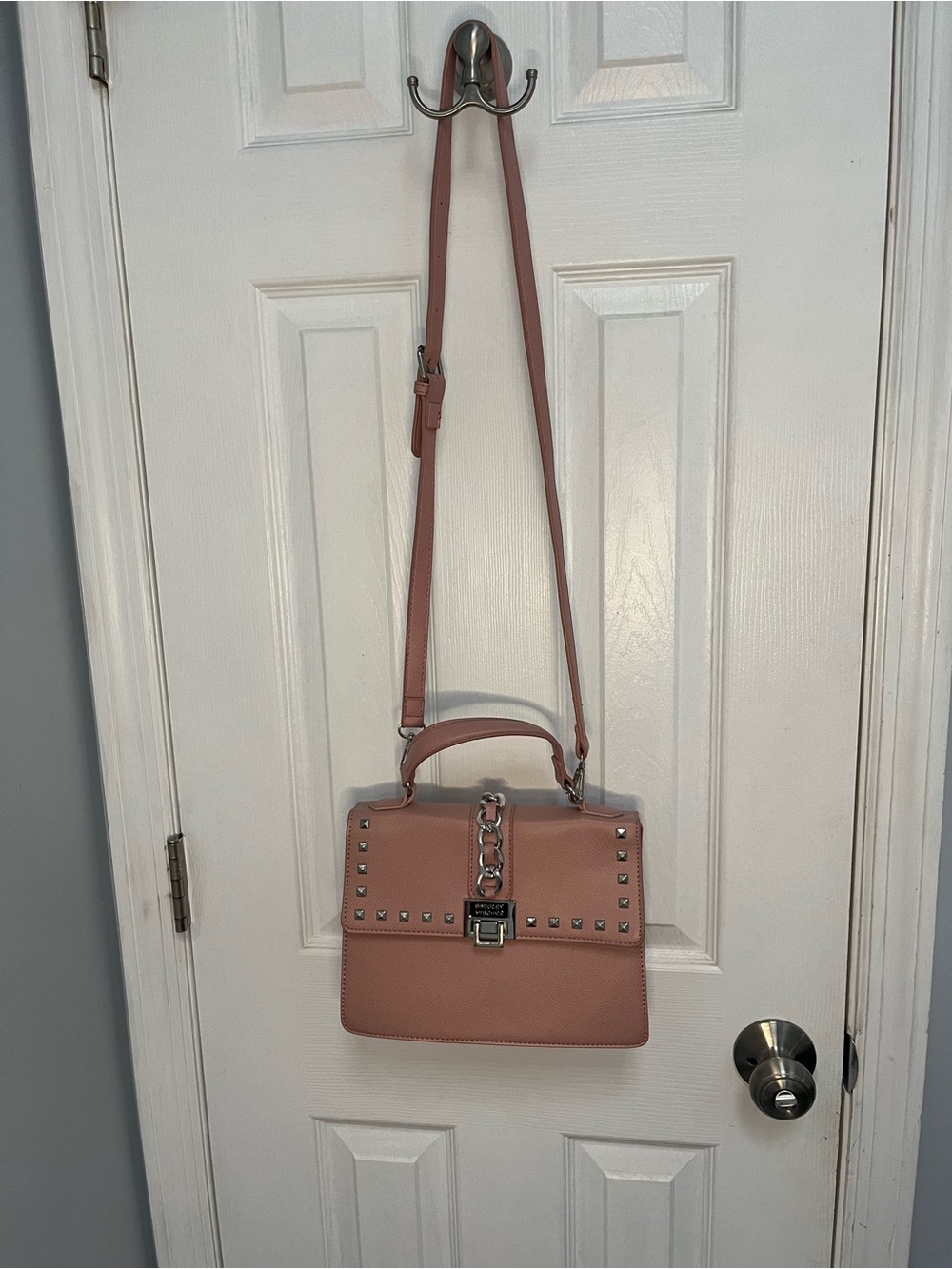 Badgley Mischka blush pink satchel silver studs chain Crossbody Top Handle